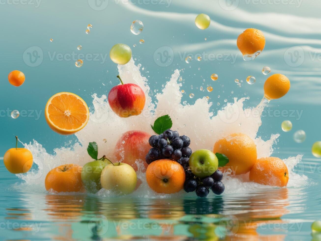 A bunch of fruit that is splashing out of the water. photo