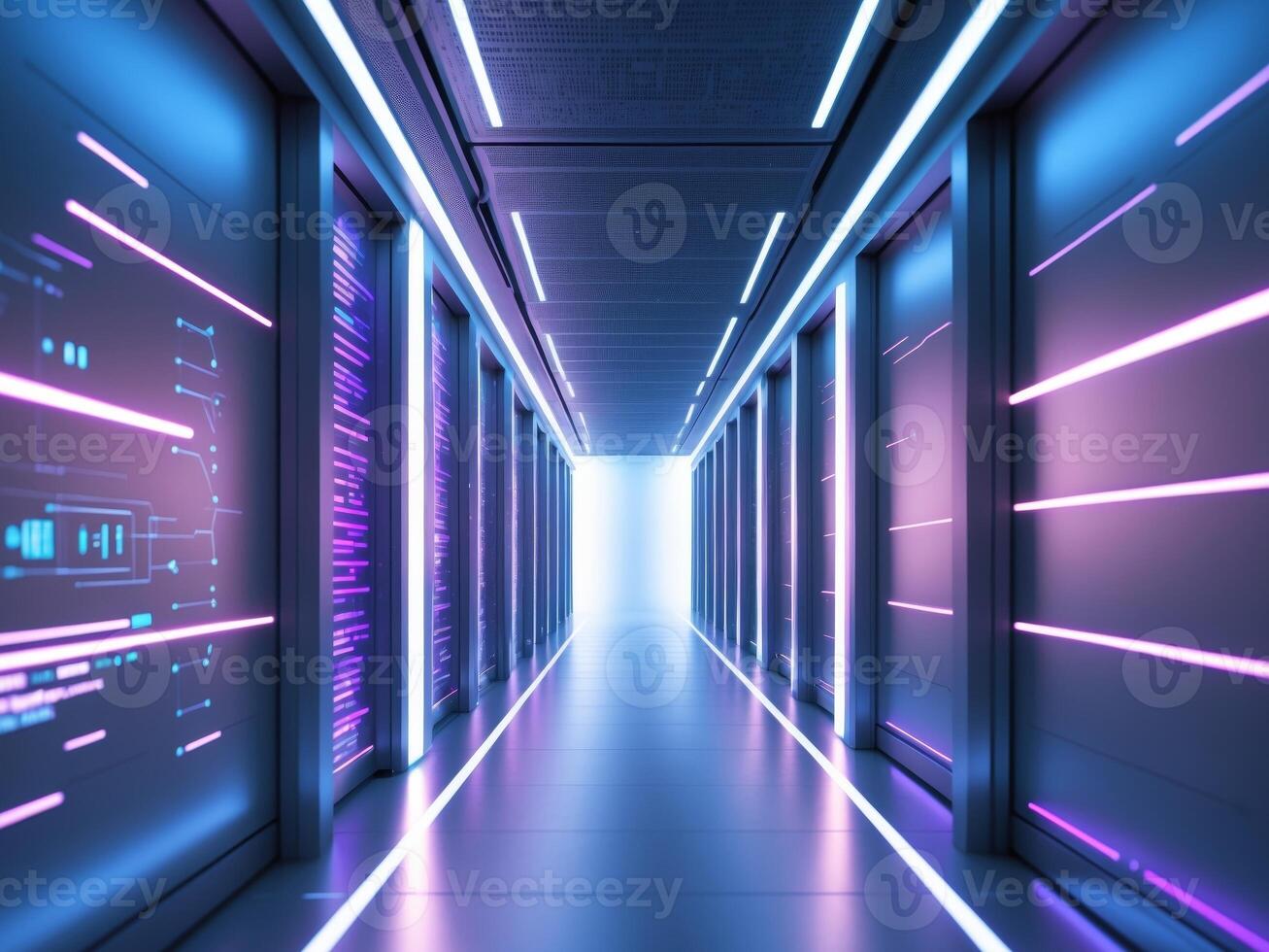 Futuristic data center corridor with glowing data streams and abstract technology visuals. photo