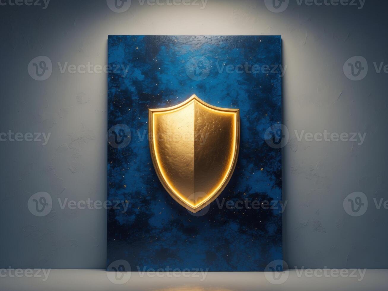Golden shield on a blue background with a spotlight photo