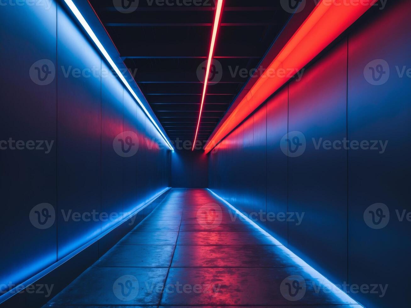 A long hallway with red and blue lights photo
