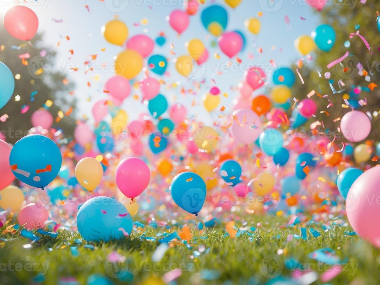 Many colorful balloons are flying in the air photo