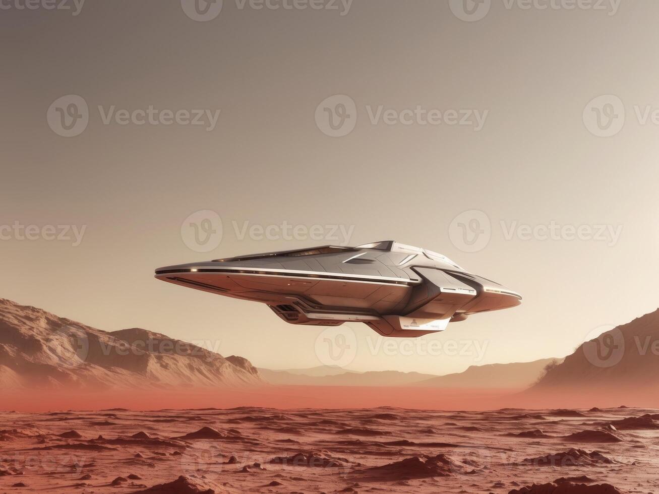 An alien spaceship flying over a desert photo