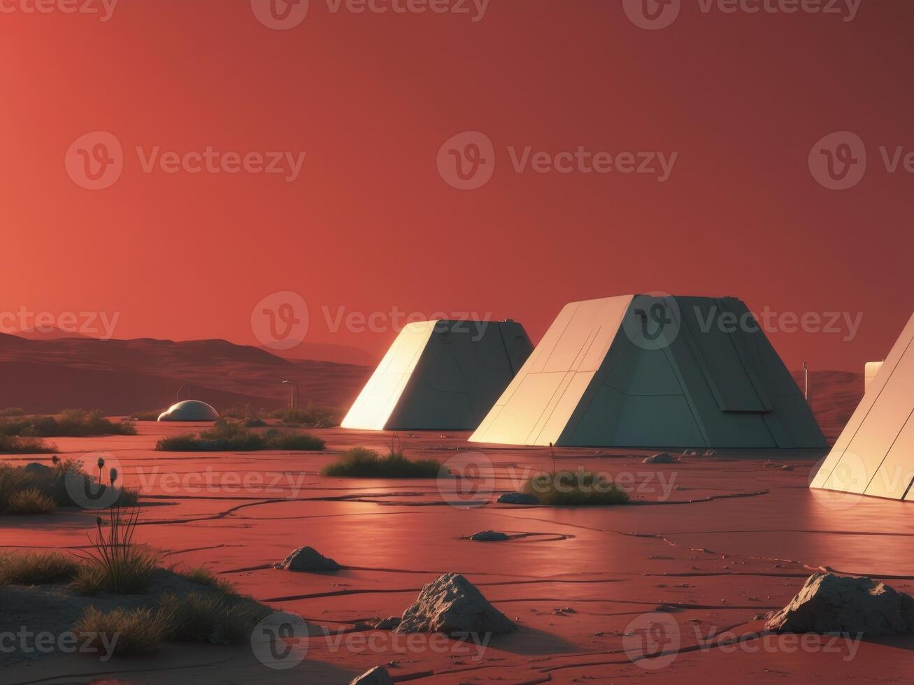 A group of small white structures on a desert planet photo
