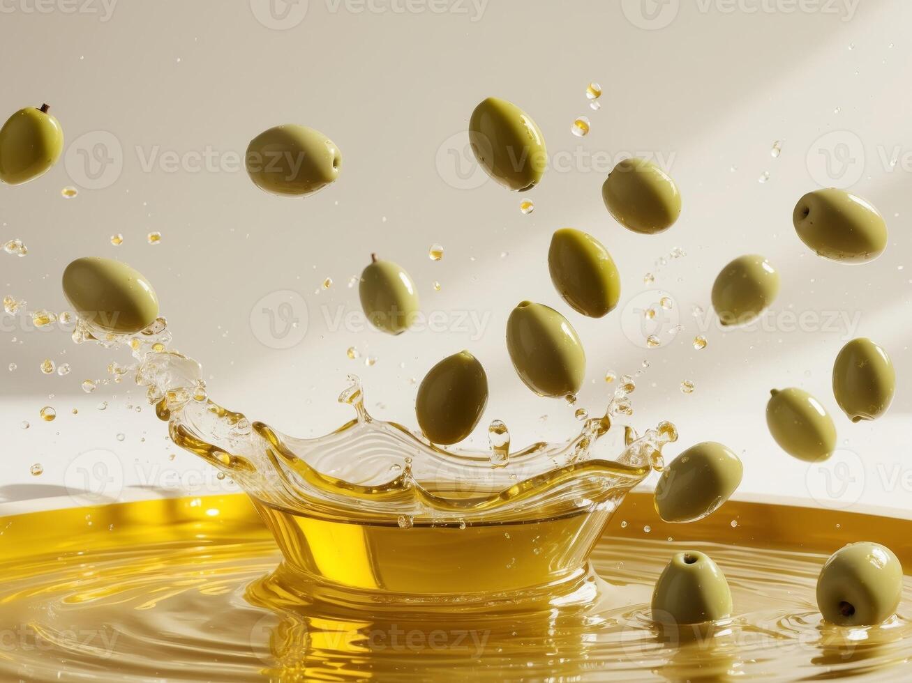 Fresh Olives Splashing in Golden Olive Oil. photo