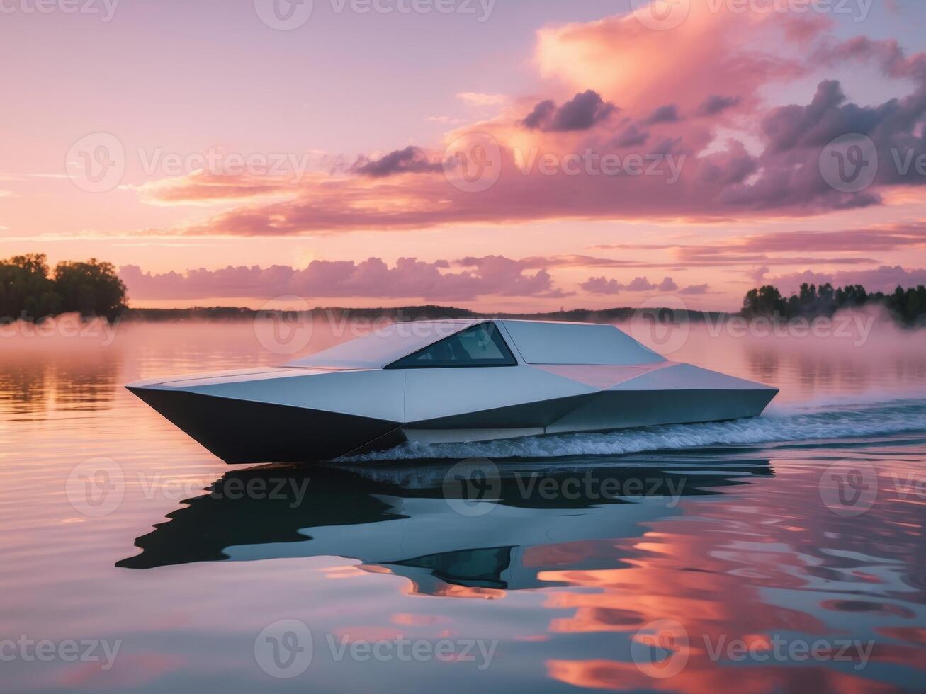 Futuristic water taxi at sunset over lake. photo