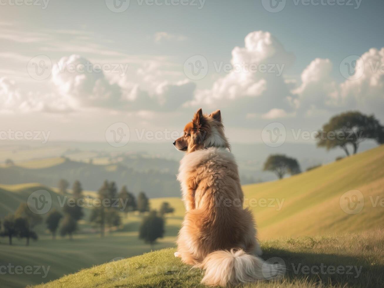 Majestic Dog Sitting on Hill Overlooking Scenic Landscape in Nature. photo