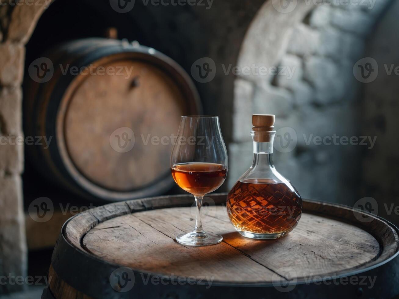 Glass and bottle of cognac resting on barrel in aging cellar photo