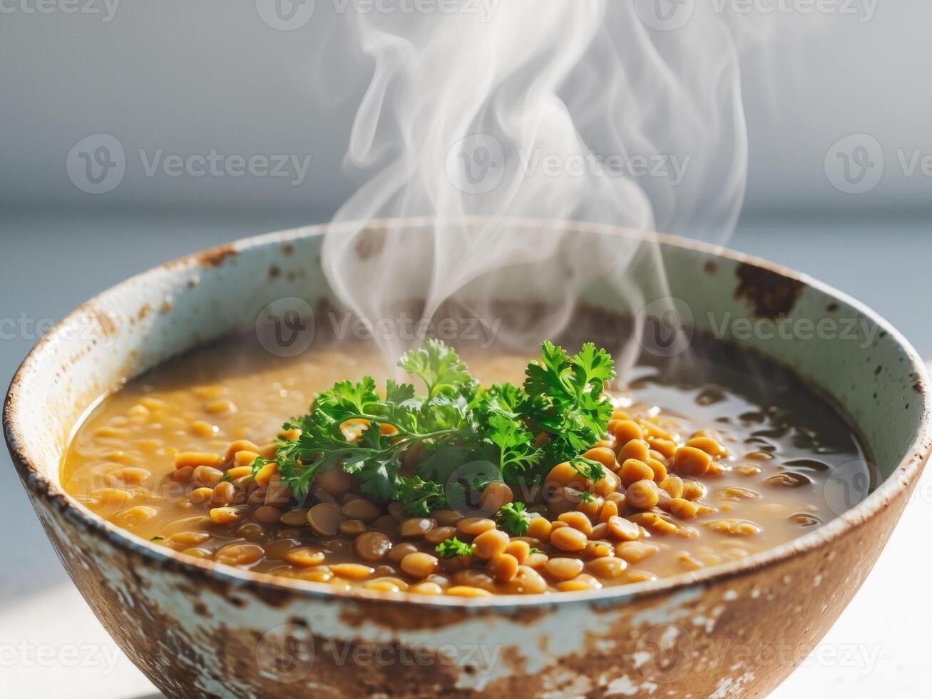Hearty lentil soup topped with fresh parsley in a rustic bowl. photo