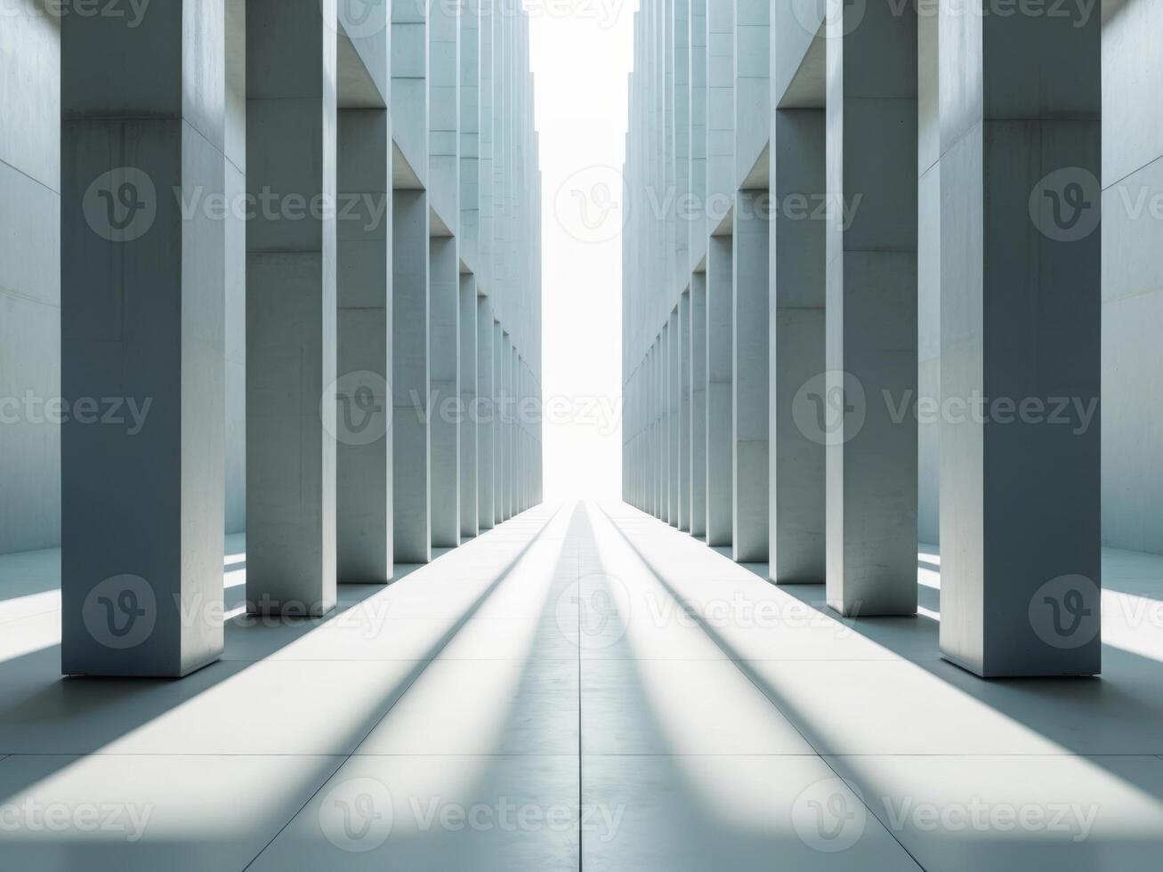 a symmetrical corridor of tall concrete pillars , space for copy. photo