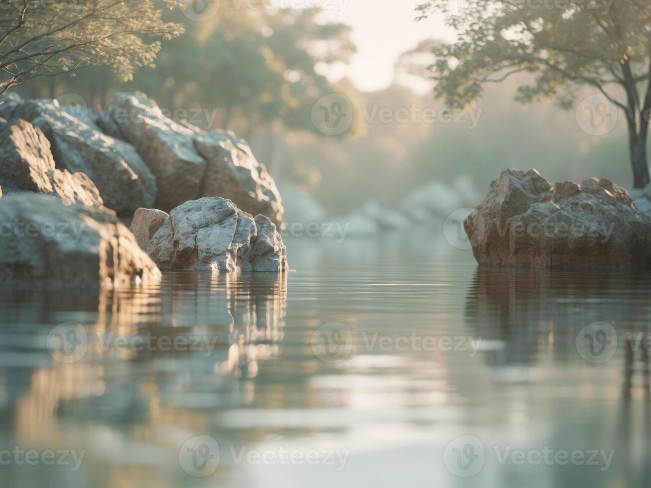 A tranquil water scene featuring rocks trees and sunlight reflections photo