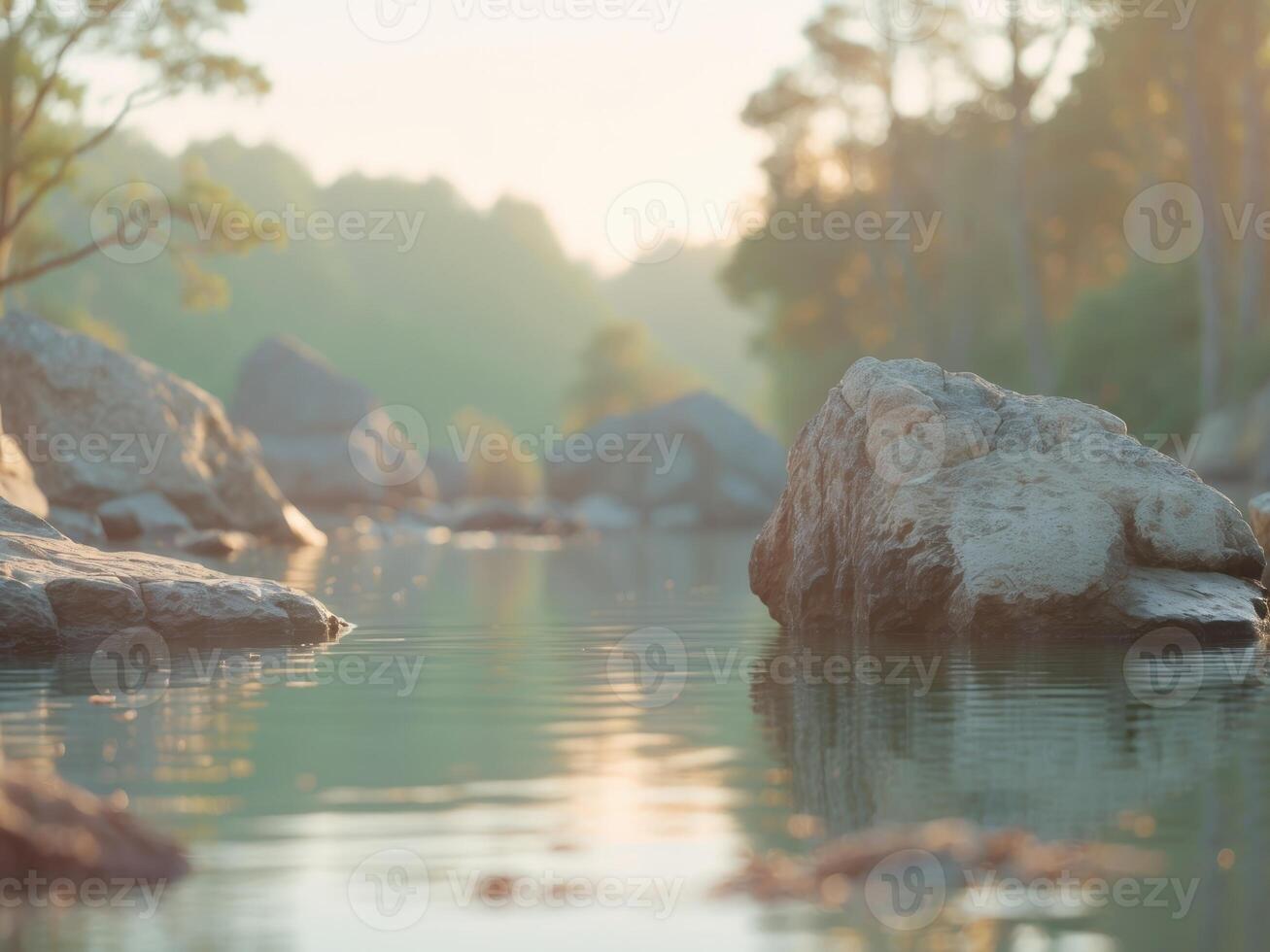 A tranquil water scene featuring rocks trees and sunlight reflections. photo
