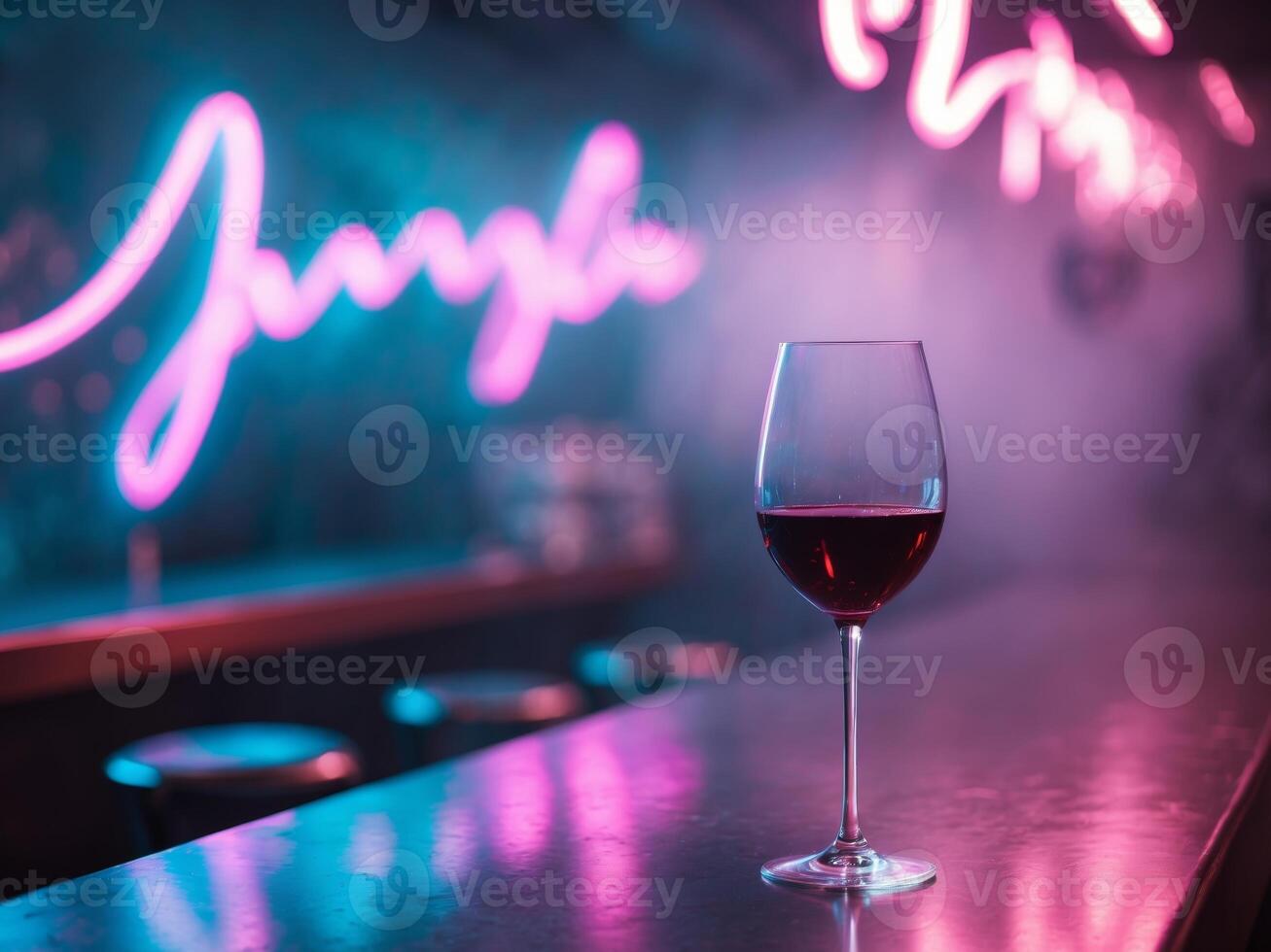 Seductive Nightlife Scene with Wine Glass and Neon Lights in a Bar photo