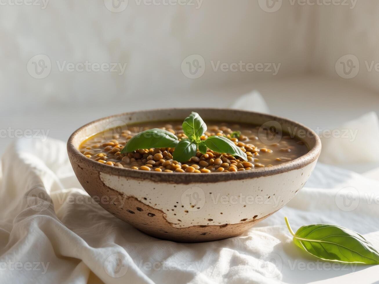 Delicious lentil soup garnished with fresh basil in a rustic bowl. photo