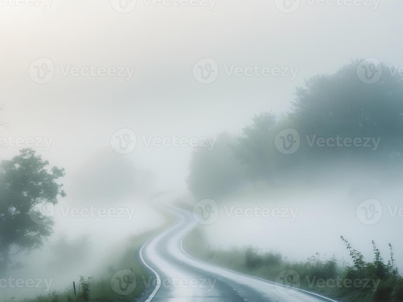 Moody Misty Road Winding Through Foggy Landscape. photo