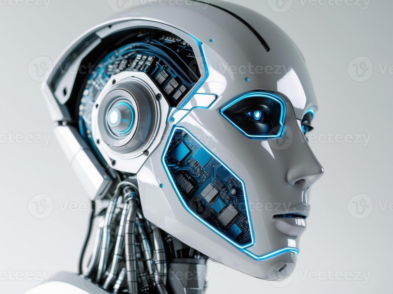 Futuristic robot head with illuminated features and intricate design. photo