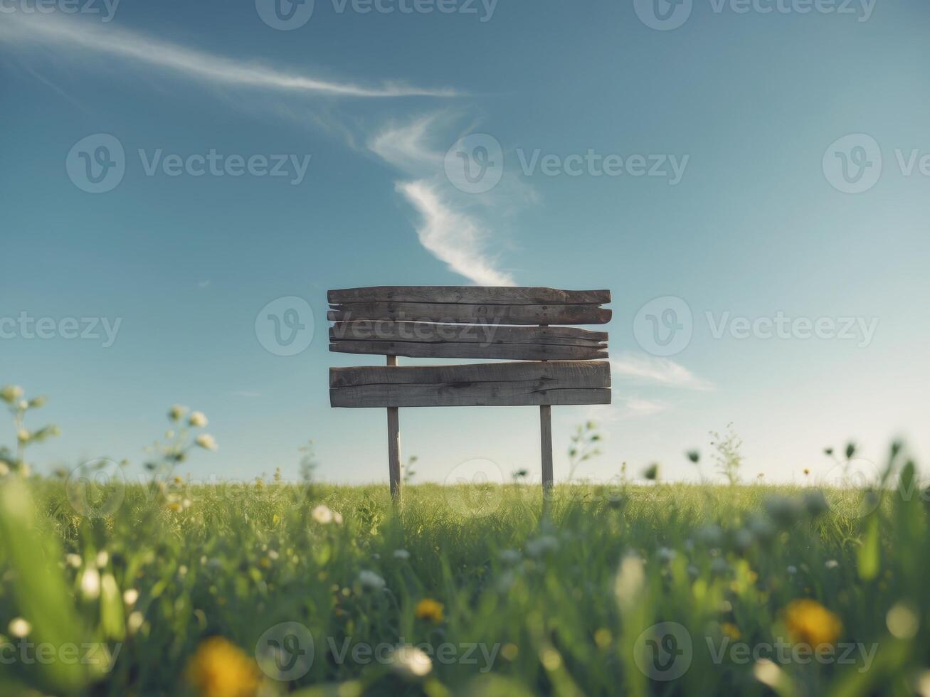 there is a wooden sign in the middle of a field photo