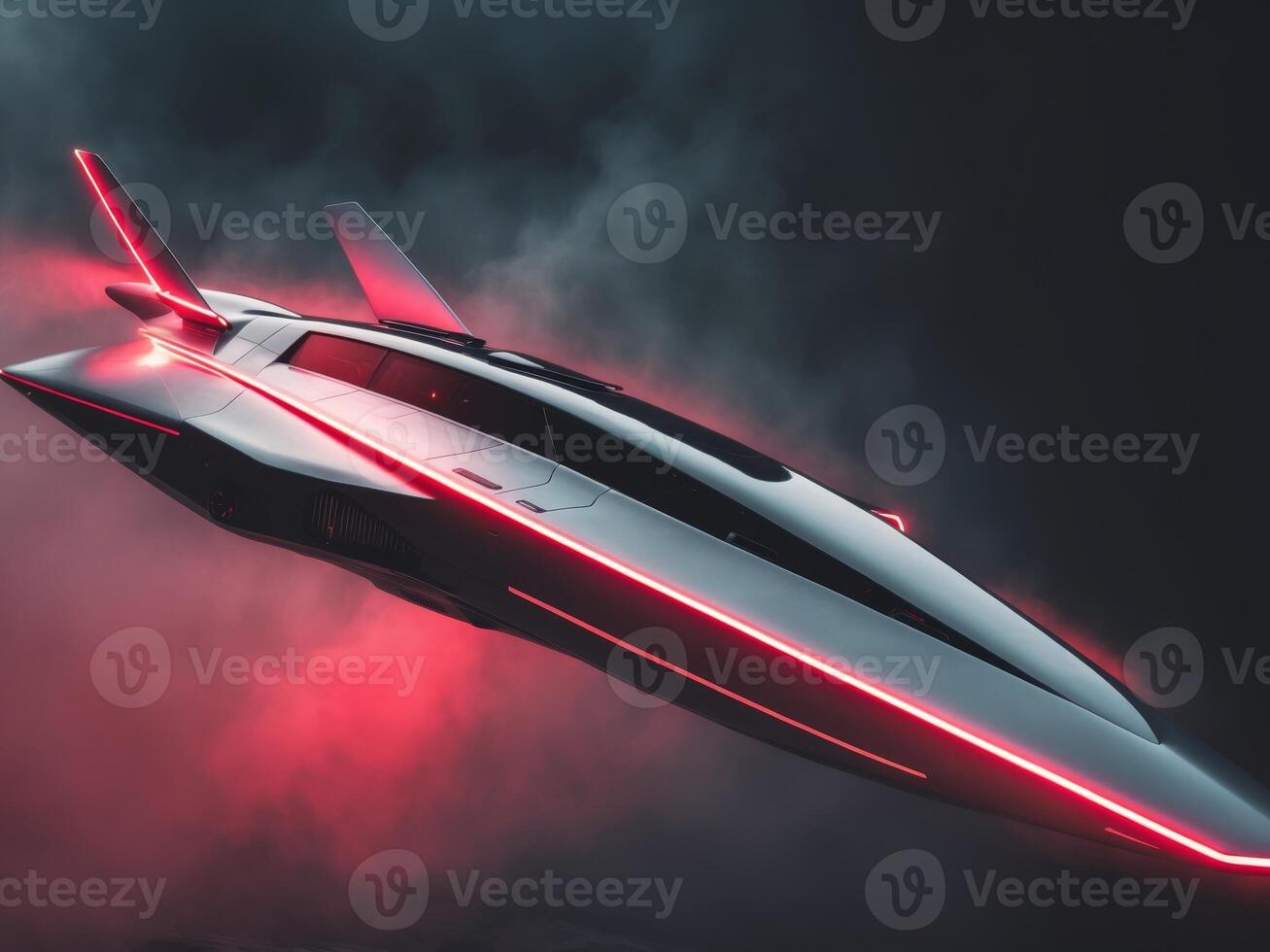 A futuristic jet with red lights flying through the air photo