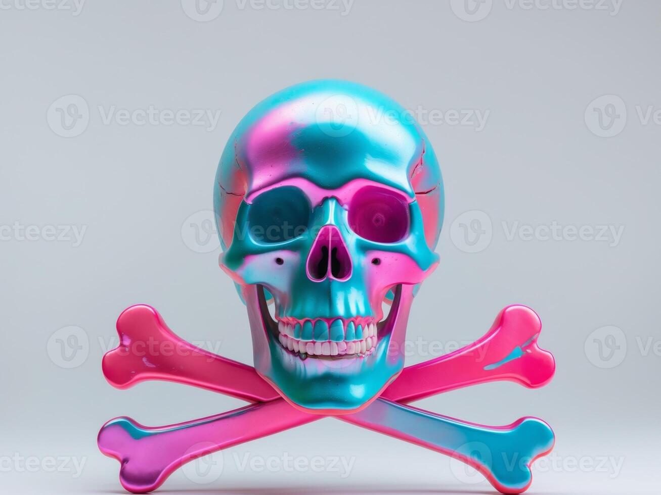 A skull and crossbones with a blue and pink color scheme photo