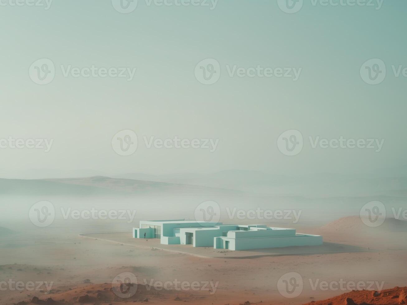A building in the desert with fog photo
