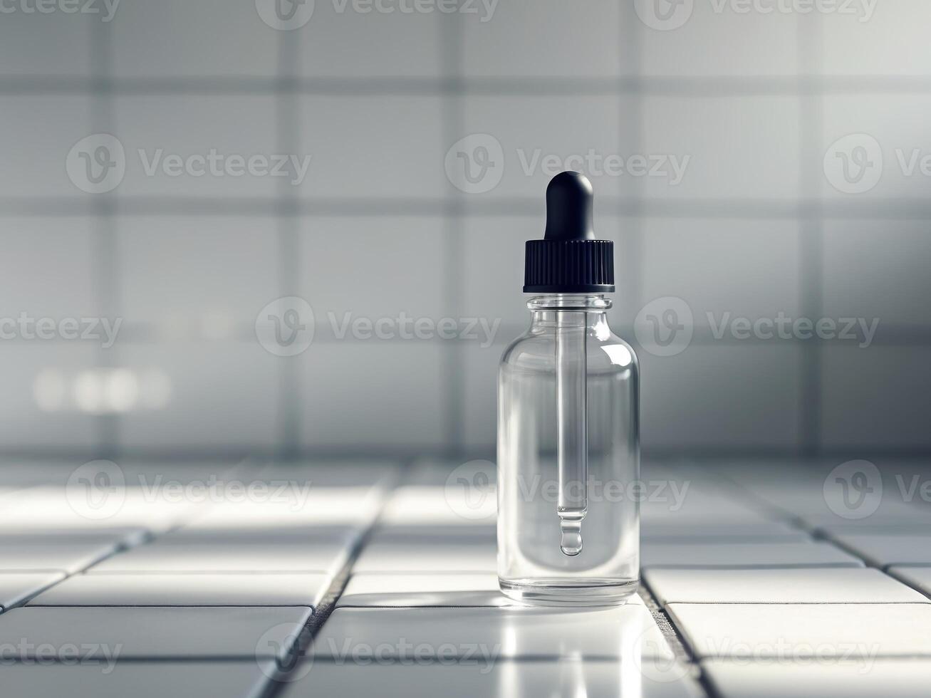 A small bottle of liquid sitting on a tiled floor photo