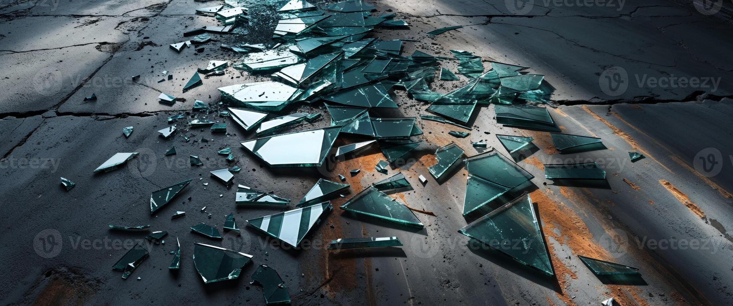 Broken glass on the floor of a building photo