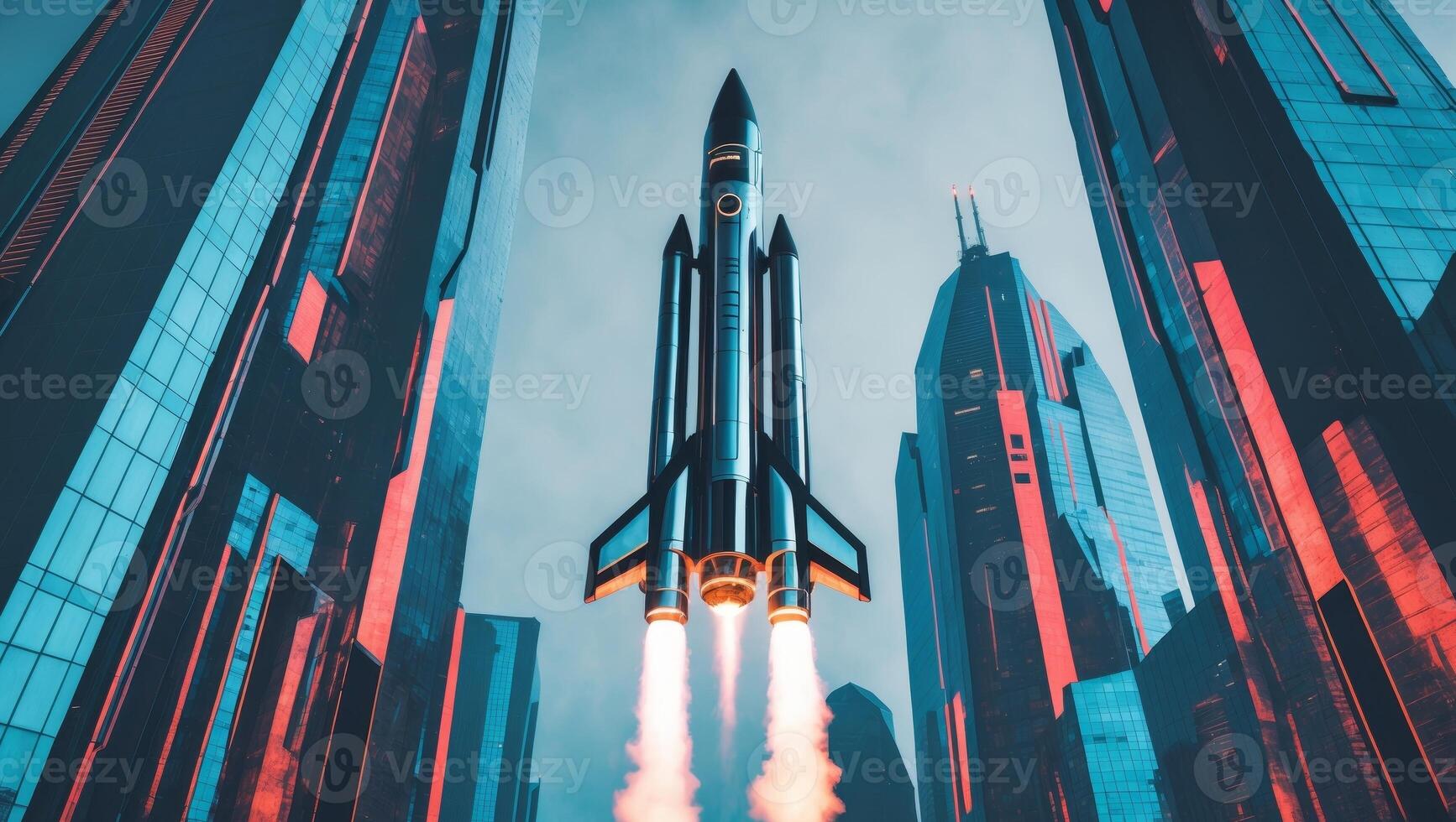 A rocket is taking off from a city photo