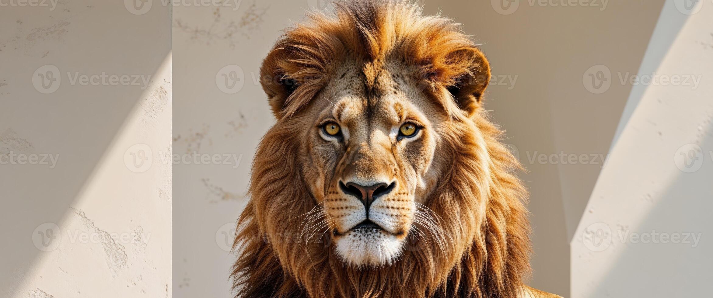 A lion is standing in front of a wall photo
