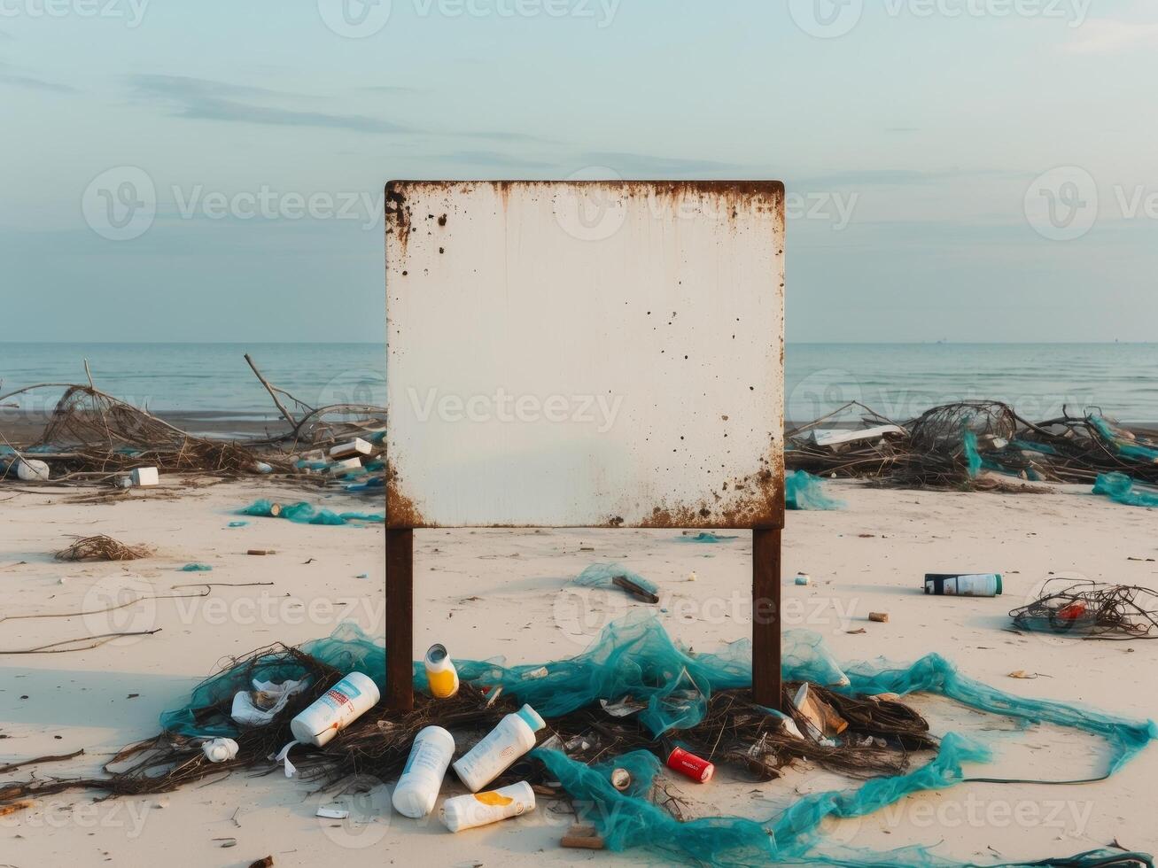 A sign on the beach with trash and debris photo