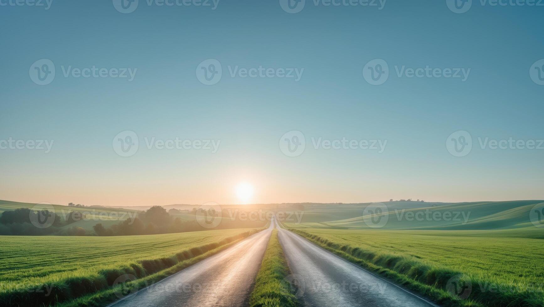 Sunlit Country Road Through Fields at Dawn with Clear Sky and Open Space for Text or Branding. photo