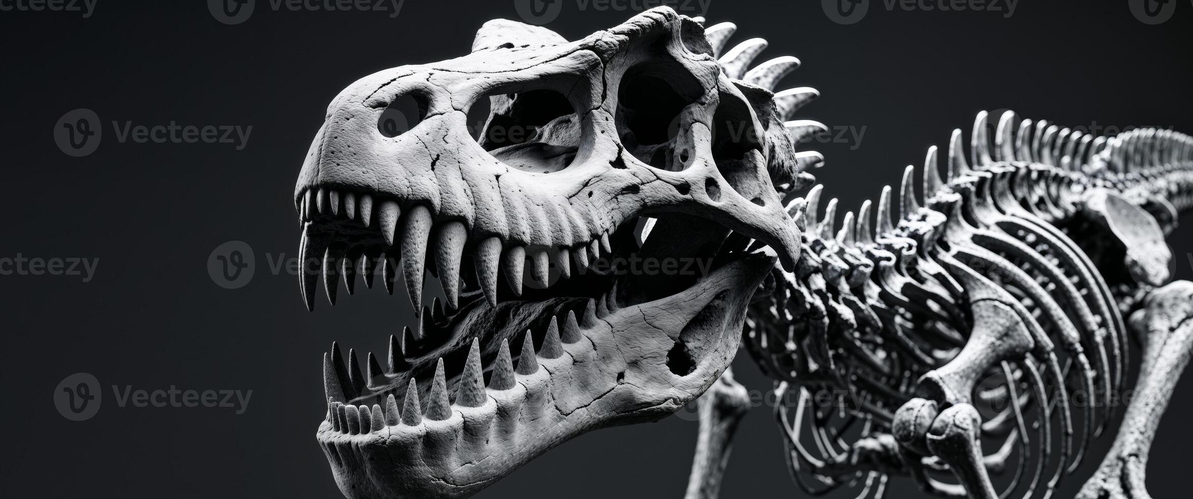 A skeleton of a dinosaur with a large mouth and sharp teeth. photo
