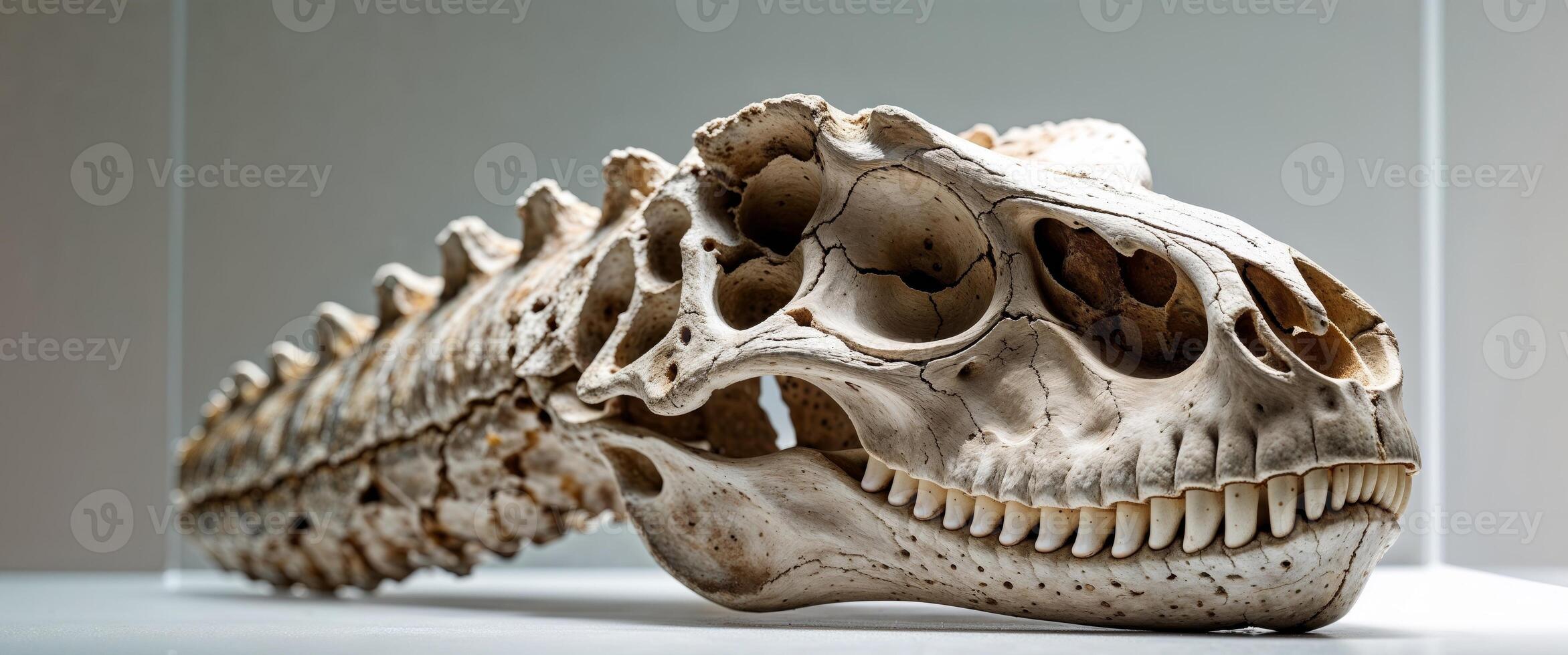 A dinosaur skull is displayed in a glass case photo