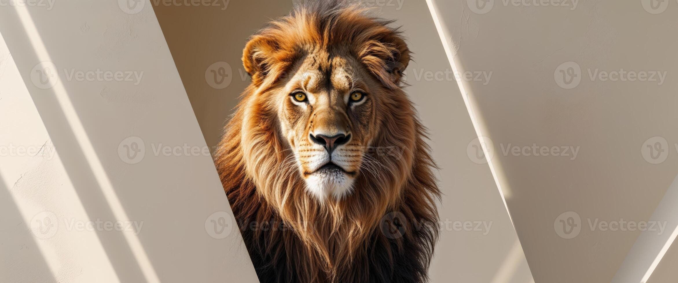 A fierce lion with a striking mane surveys its surroundings photo