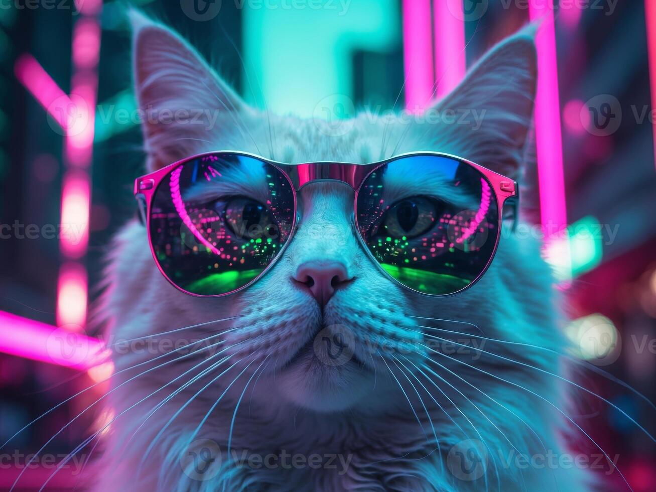 Cool Cat in Cyberpunk Style with Neon Lights and Sunglasses photo