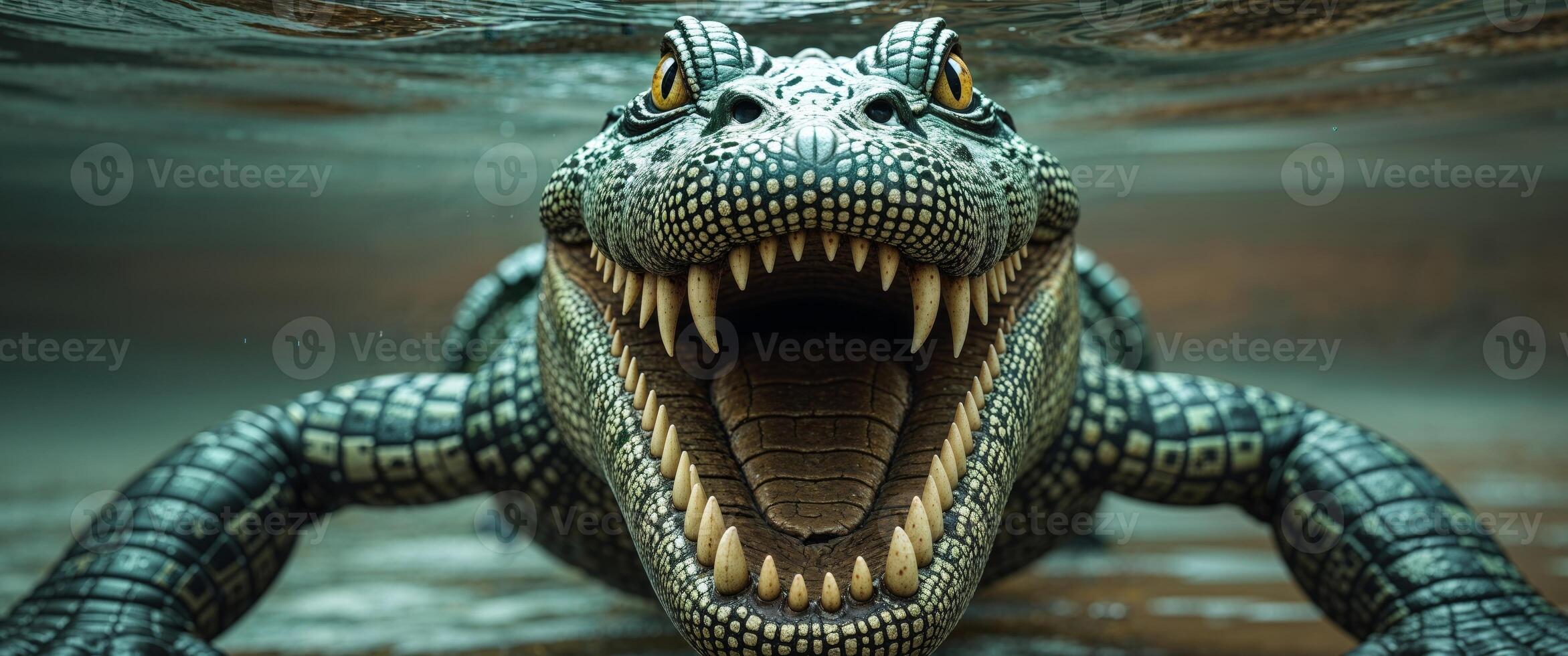 A close up of a crocodile with its mouth open in the water photo
