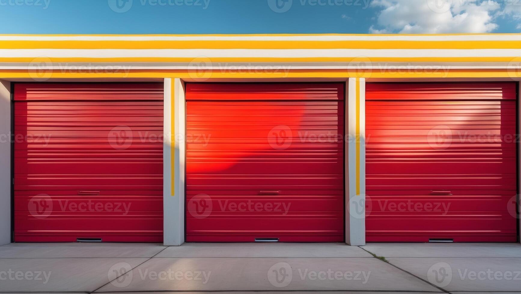 Three red garage doors are lit up with yellow stripes photo