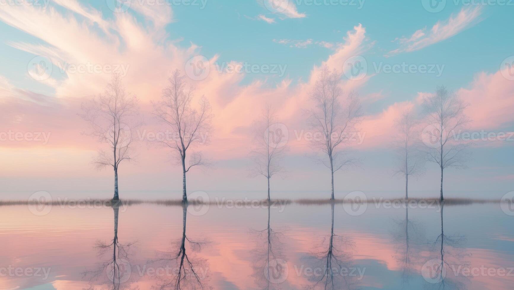 Serene Landscape with Reflections of Trees and Colorful Sky on Calm Water during Sunrise or Sunset photo