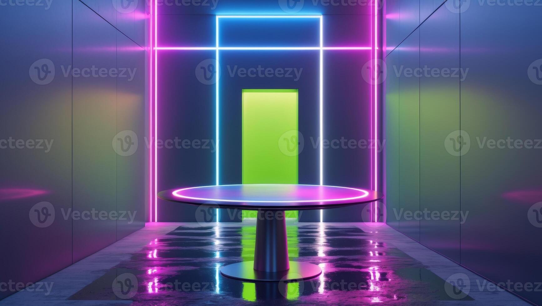 A neon lighted room with a table and a chair photo