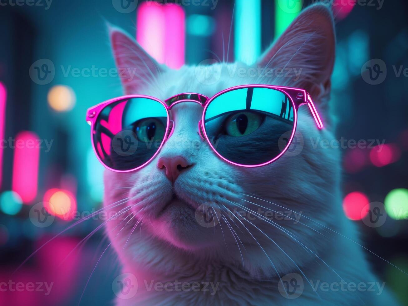 A white cat wearing sunglasses in front of neon lights photo