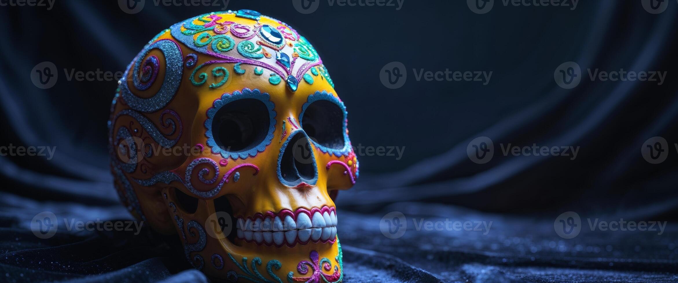 A decorated colorful skull is showcased in a dark setting photo