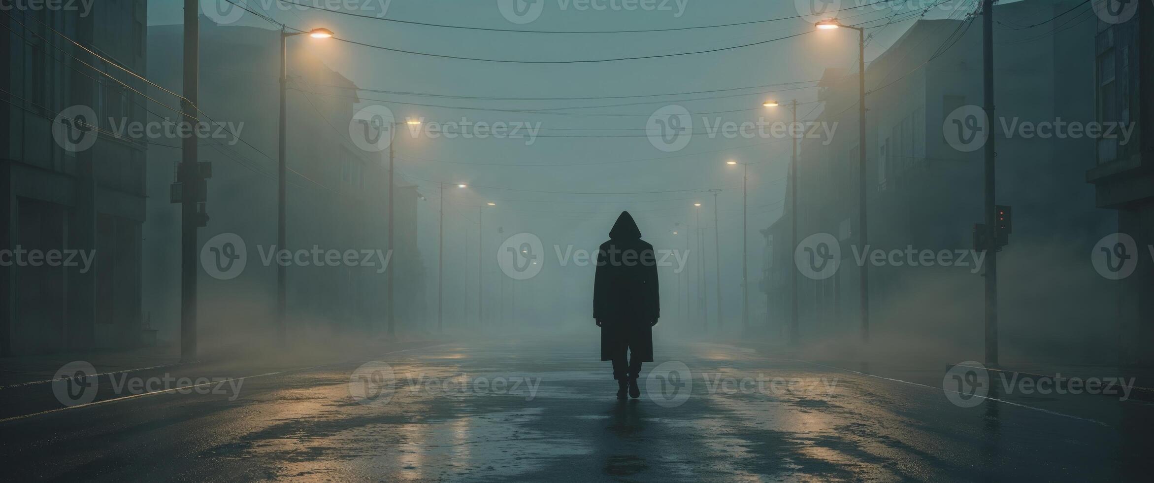 Solitary Figure Walking Down Empty Street in Mysterious Foggy Atmosphere at Dusk photo