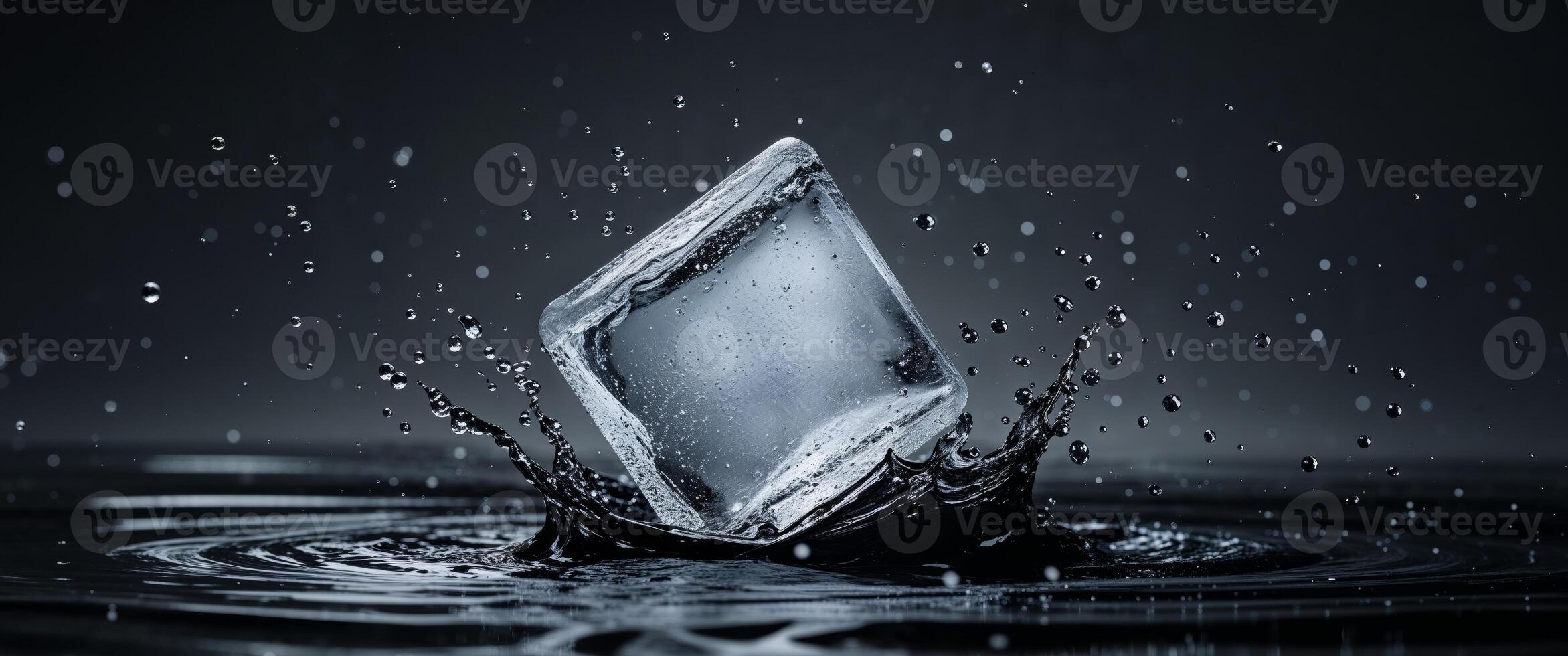Ice cube splashing in water creates dynamic droplets in a dark setting photo