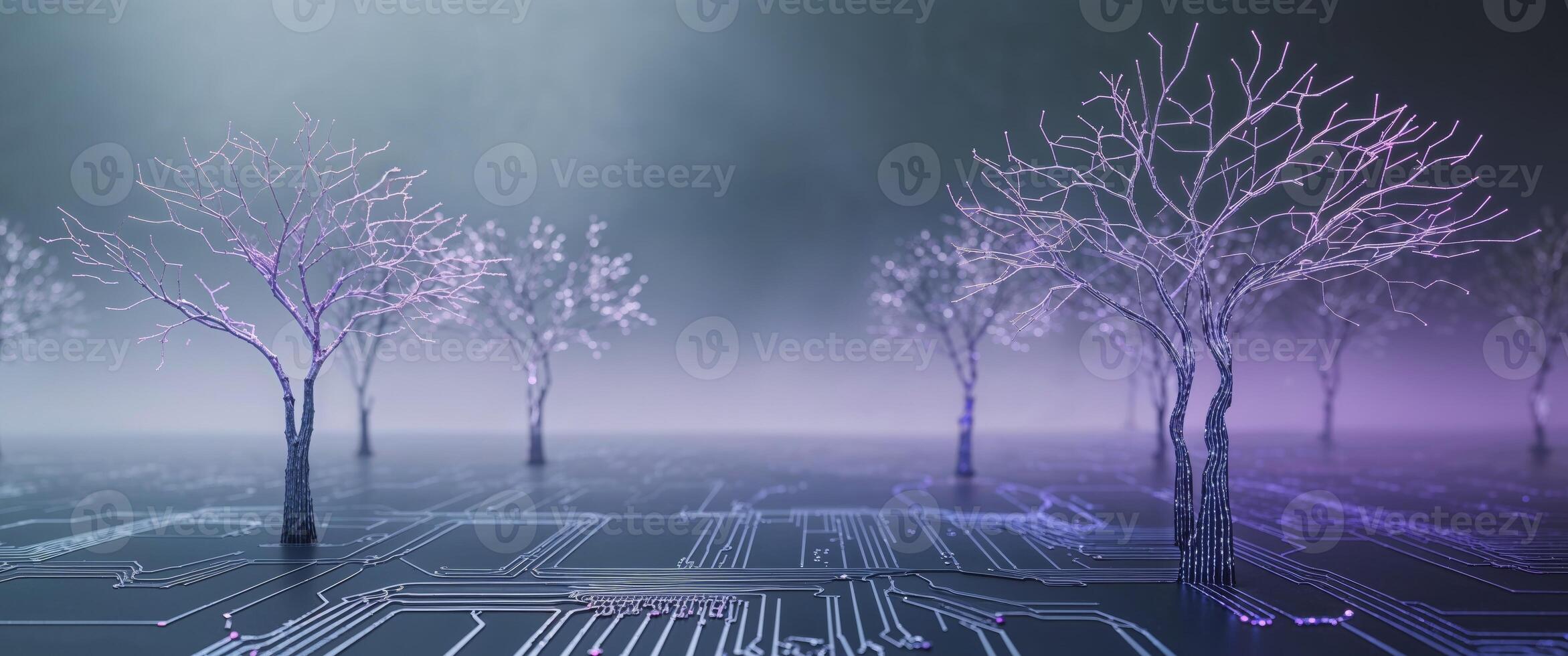 Abstract Circuit Board Landscape with Illuminated Lines and Trees photo