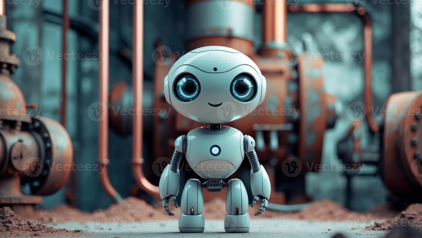 Cute robot with large eyes stands in an industrial setting surrounded by rusted metal structures. photo