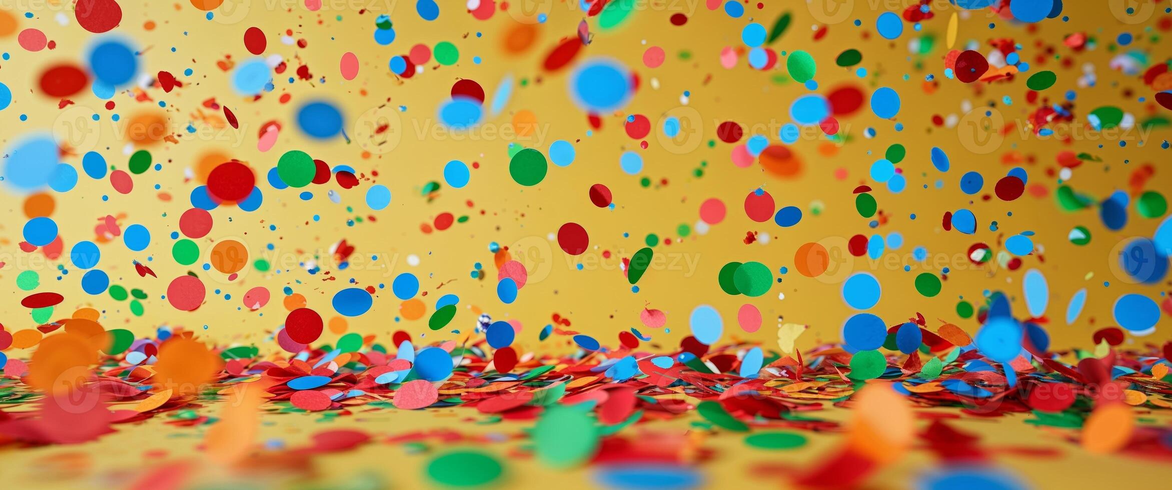 Yellow colorful background with confetti of various colors. photo