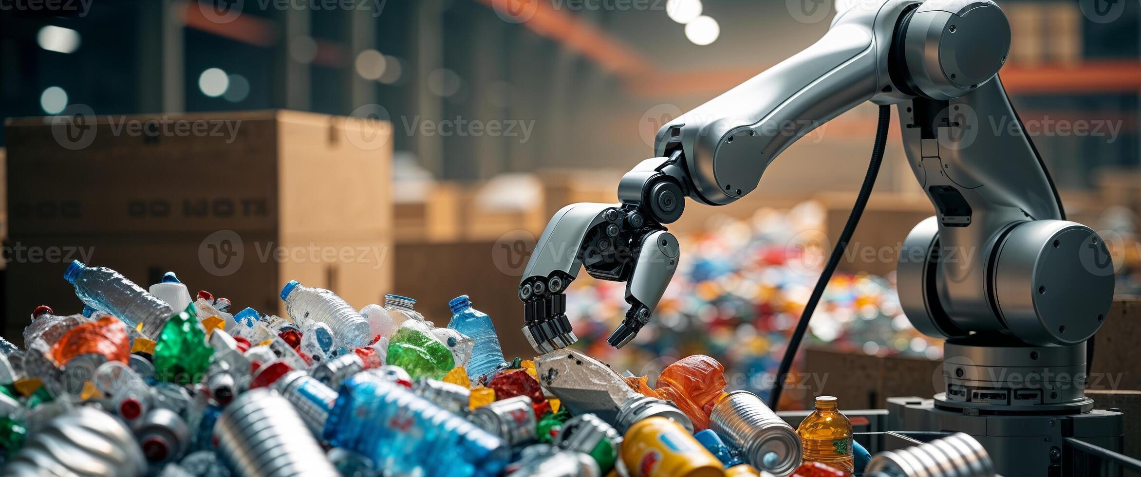 Robotic Arm Sorting Recyclable Materials in Warehouse Environment. photo