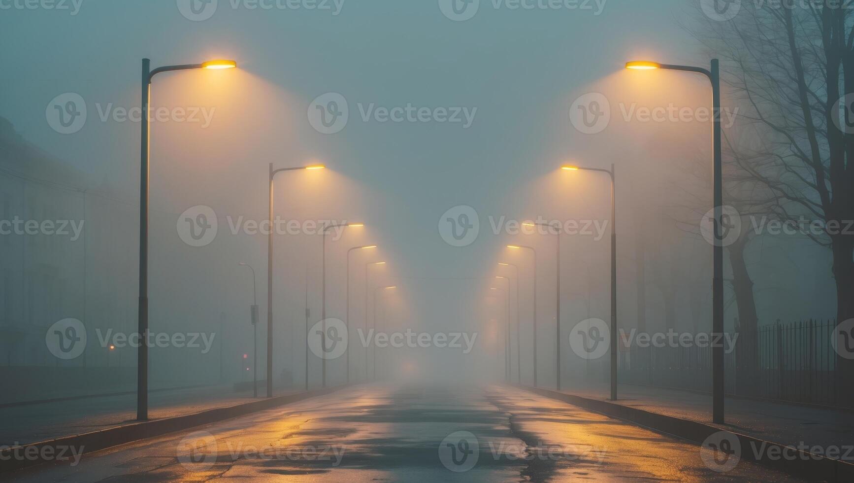 Foggy Street Scene with Warm Streetlights Glowing in the Mist photo