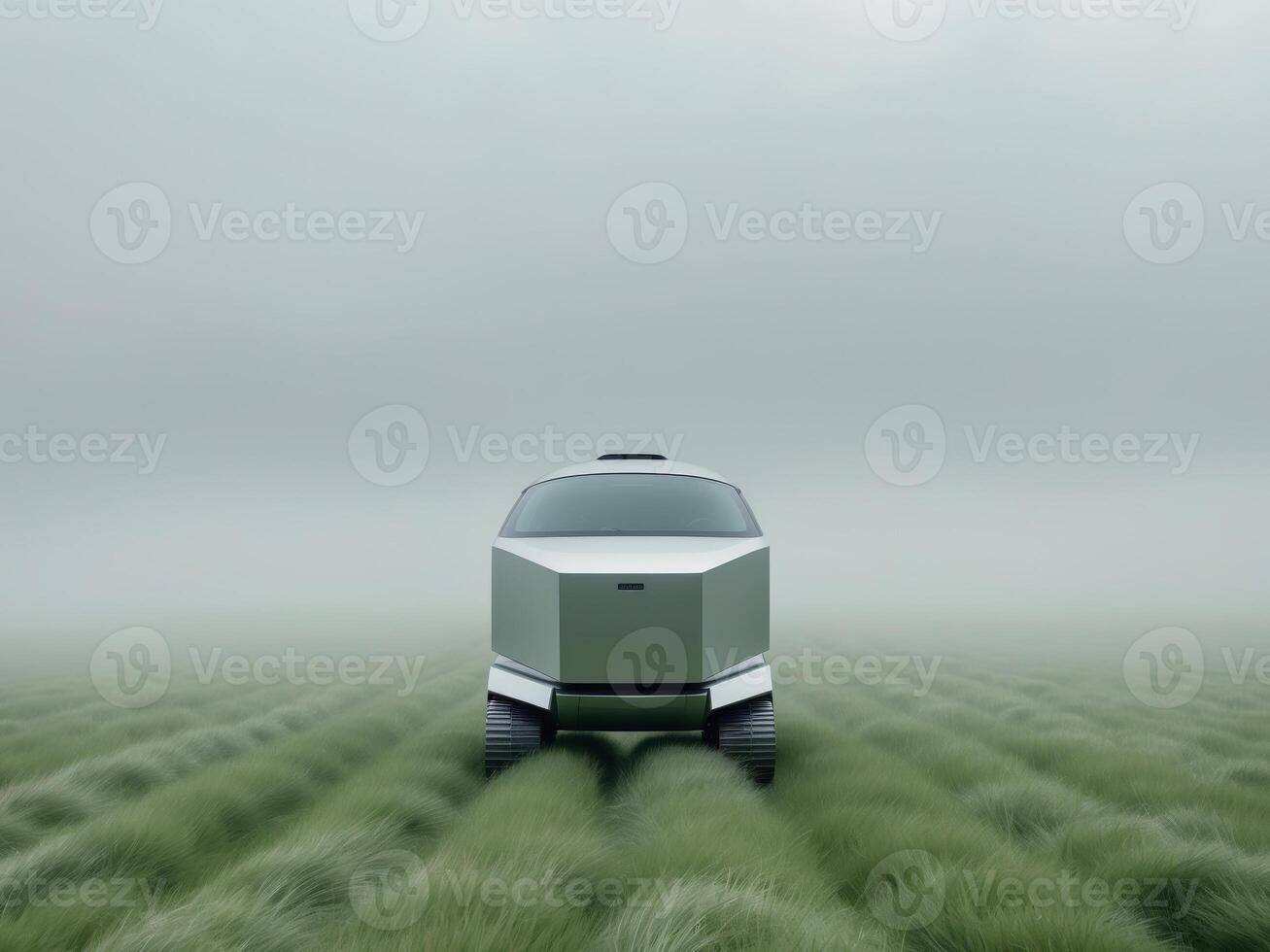 Futuristic robotic machine stands in a misty landscape during overcast weather in an endless field photo
