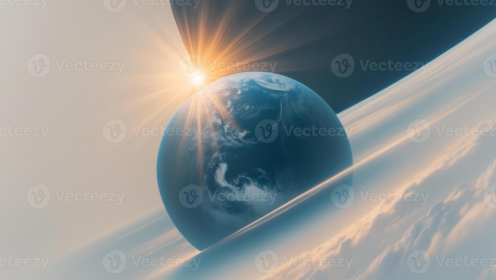 The earth seen from space with bright sun shining brightly photo