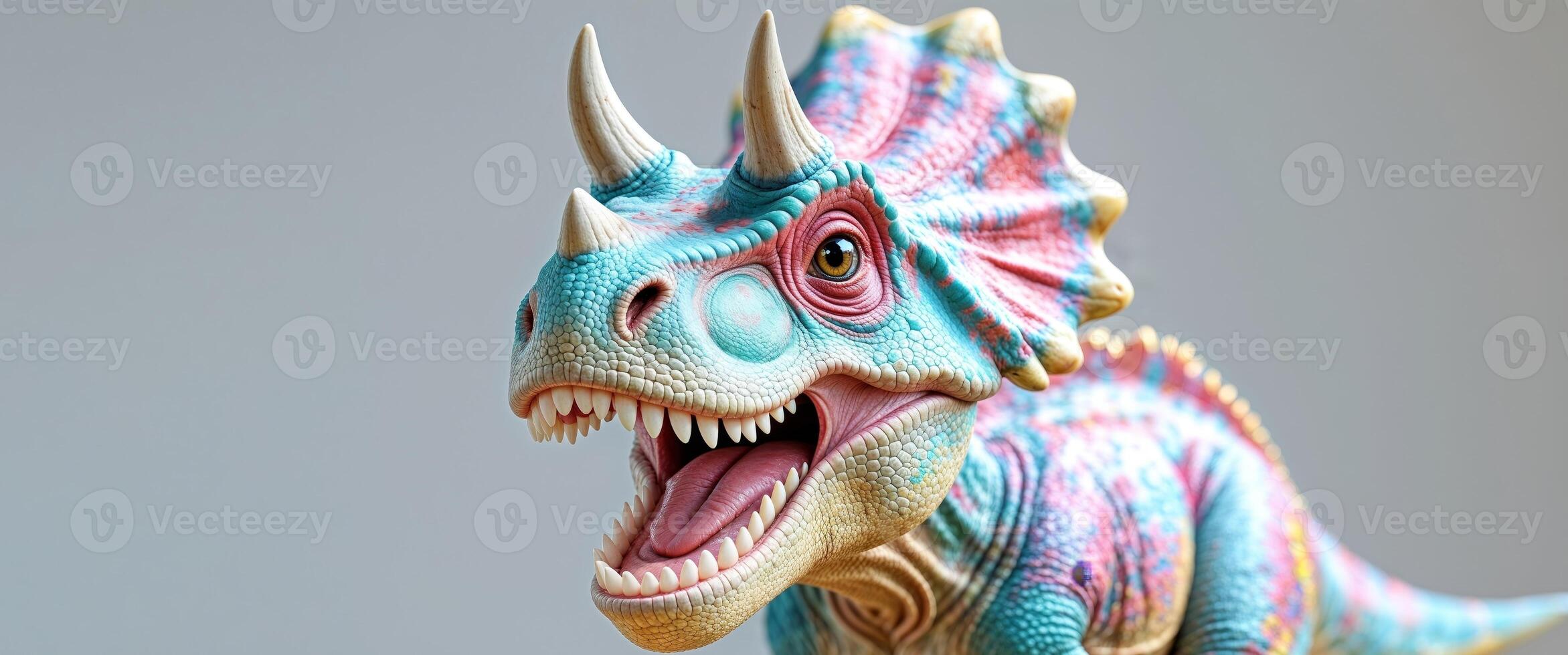 A colorful baby dinosaur with a big smile on its face photo