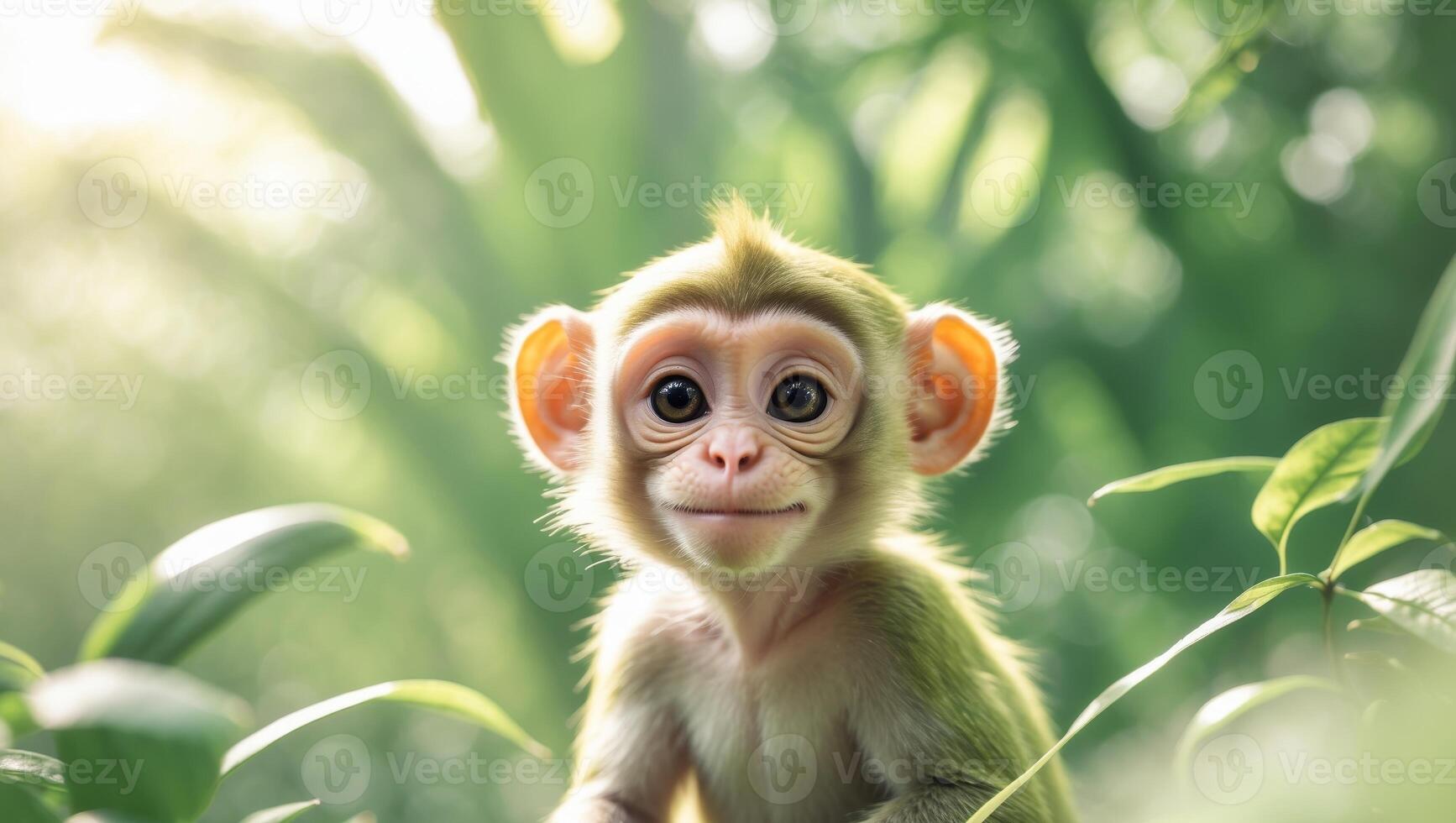 Cute monkey with expressive eyes posing in lush green surroundings during a sunny day photo